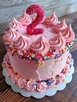 Celebrate the Magic of Turning Two with this Pretty Pink Birthday Cake - Adorned with Sprinkles and Icing Swirls for a Memorable Moment - Perfect for Your Child's Special Milestone