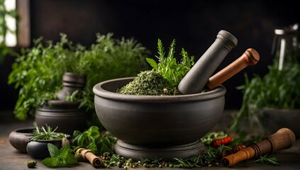 mortar and mortar and pestle with herbs 8k with herbs 8k - obrazy, fototapety, plakaty