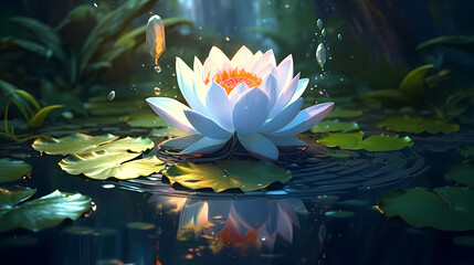 Fototapeta na wymiar Beautiful water lilies floating in tranquil pond wallpaper background