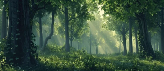 Fotobehang This image showcases a dense forest filled with an abundance of tall, green trees that dominate the landscape. The forest appears vibrant and full of life, with a canopy of leaves creating a lush © 2rogan