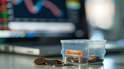 a plastic box with coins inside on the table. box has scotch tape written word Dividend. in the office room and monitor with stock chart screen in background. generative AI
