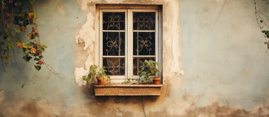 A healthy green plant is growing out of a vintage window of a house, adding a touch of nature to the urban setting. The plants roots are visible through the cracked glass,