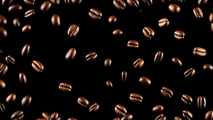 Coffee beans suspended in the air against a black backdrop, captured in a freeze-motion photograph.