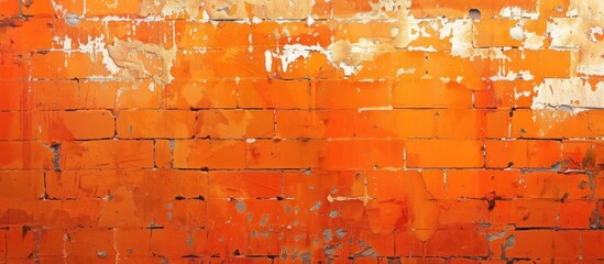 An orange brick wall with worn-out paint peeling off, showcasing a distressed and weathered...