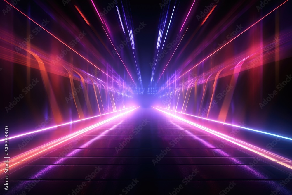 Poster neon lit dark corridor with abstract lines and glow.