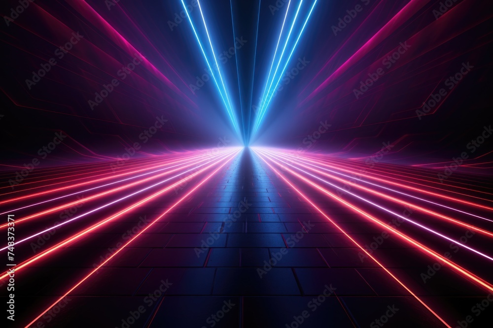 Poster neon lit dark corridor with abstract lines and glow.