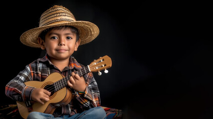 a studio portrait picture of little latin american boy dressed up as a musician isolated on black background 