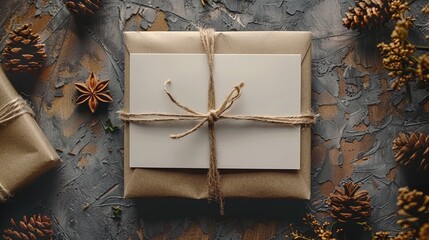 Christmas card with gift box and decorations