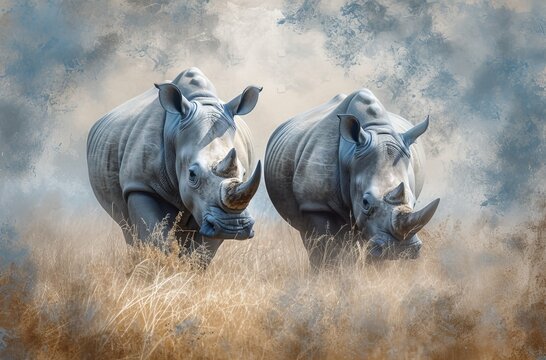 Two rhinos appear amidst a mystical, ethereal landscape, captured in a dreamlike artistic photography style