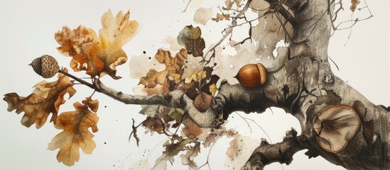 A watercolor painting on paper featuring a detailed depiction of a tree with acorns and leaves on its branches. The artist skillfully portrayed the textures and colors of the acorns and leaves
