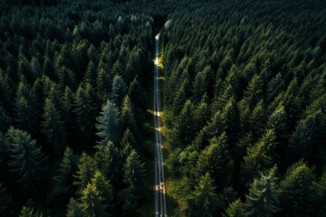 Aerial view of a road in the middle of the forest. - obrazy, fototapety, plakaty