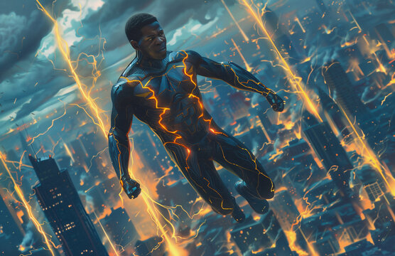 an african american superhero with powers of electricity hovers over the city battling his foes
