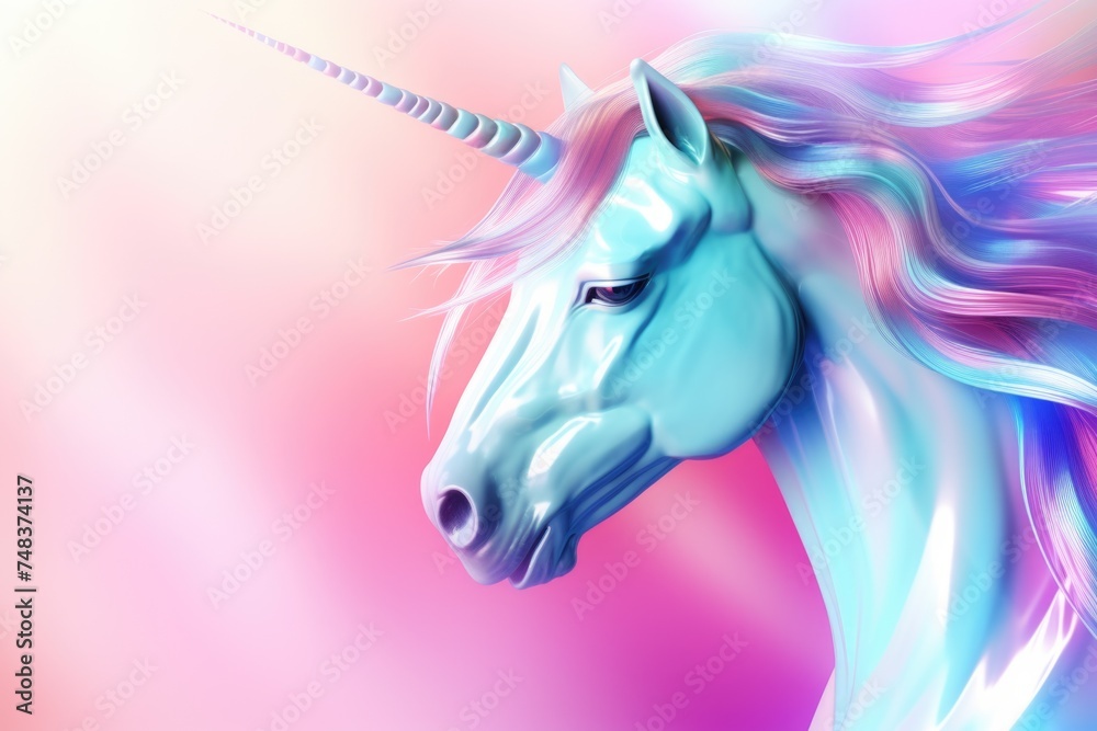 Poster trendy holographic unicorn gradient with neon colors on soft background.