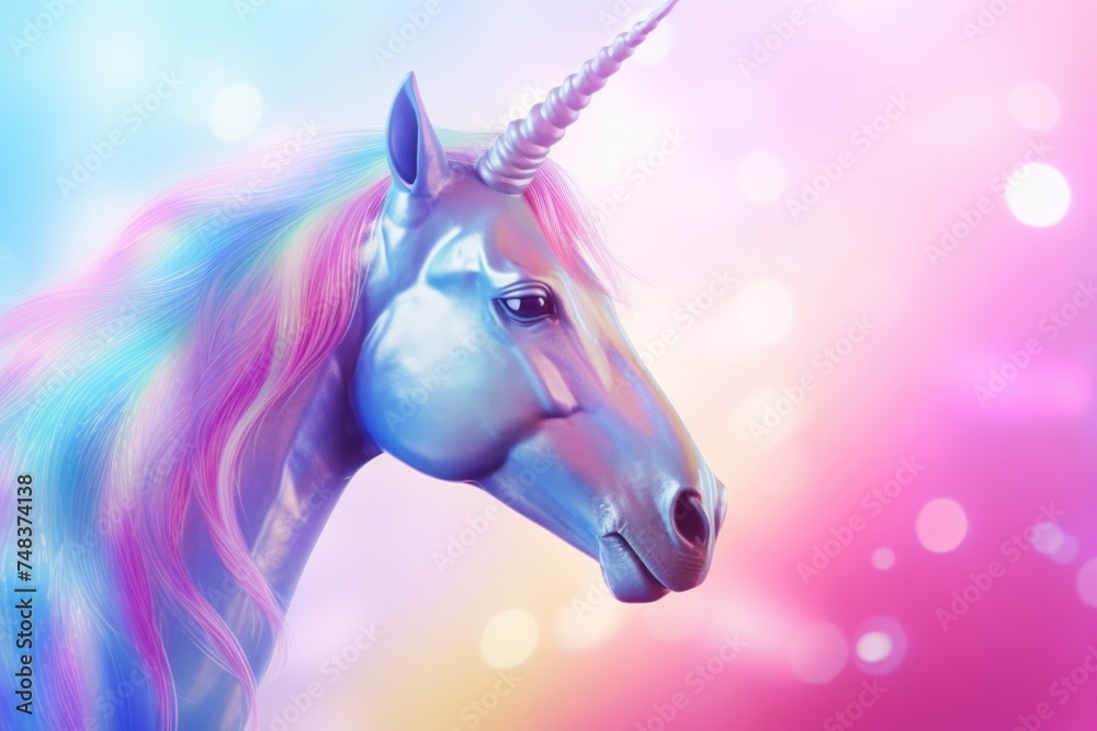 Poster trendy holographic unicorn gradient with neon colors on soft background.