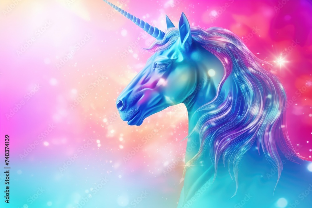 Poster trendy holographic unicorn gradient with neon colors on soft background.