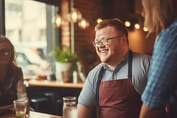 
hyper realistic photo of a disabled young man with Down syndrome, works at the caffeee as a waiter, - obrazy, fototapety, plakaty