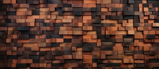 A visually striking wall constructed entirely of wooden blocks stands out against a stark black background. Each block is uniquely shaped and textured,