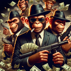 A Group of Monkeys holding guns and weapons and money everywhere known as Monkeys Gang - obrazy, fototapety, plakaty