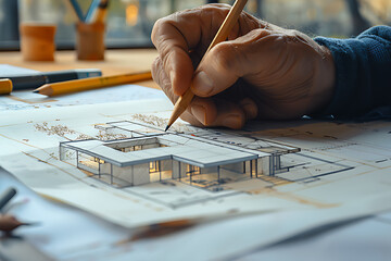 Close-up of an architect sketching a building. - obrazy, fototapety, plakaty
