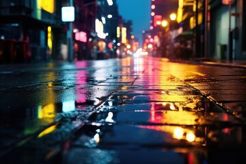 Colorful neon lights reflecting in city streets at night.