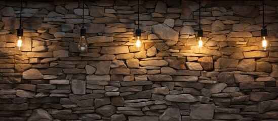 A modern stone wall adorned with three sleek lights, adding a contemporary touch to the interior design. The lights cast a warm glow, enhancing the ambiance of the space.