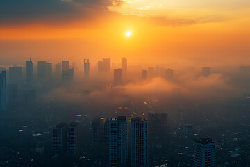 Fototapeta premium Urban morning view with golden sunlight and fog.