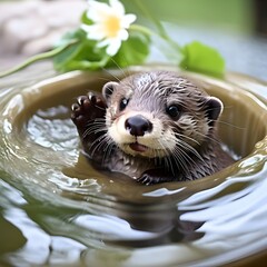Otter on the river. A baby otter floating on its back in a basin of water, echoing the relaxation of humans taking a leisurely bath. Generative AI.
