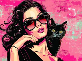 A vibrant pop art-style illustration features a woman with a cat and bold sunglasses in vivid pink hues