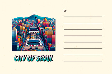 post card design with cityscape of seoul south korea illustration