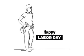 Single continuous line drawing of worker woman at construction project. Labor minimalist concept. Banner and logo for labor days. simple line.