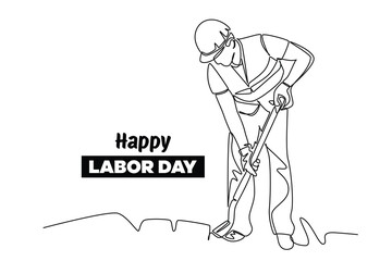 Single continuous line drawing of worker on at road construction. Labor minimalist concept. Banner and logo for labor days. simple line.