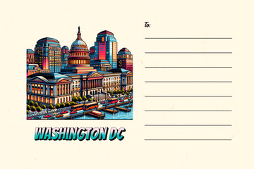 post card design with cityscape of washingston dc united states illustration