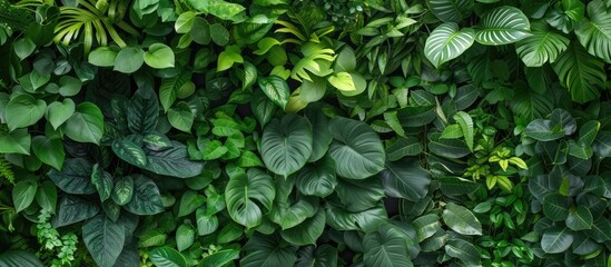 A detailed view of a green wall covered in lush leaves, creating a dense natural backdrop. The vibrant greenery adds a touch of nature and beauty to the surroundings. - obrazy, fototapety, plakaty