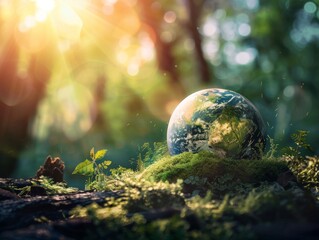 Obraz na płótnie Canvas A surreal composition featuring a detailed globe nestled on vibrant green moss in a mystical, sunlit forest