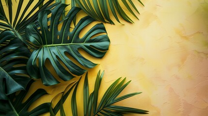 Fototapeta na wymiar Exotic tropical green leaves on yellow background. Minimal summer concept with copy space. Border arrangement.