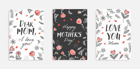 Happy Mother's Day Greeting Card set with beautiful flowers and hearts. Vector illustration