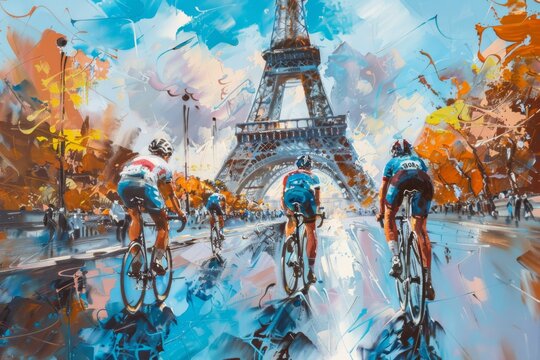 Artistic painting of cyclists with autumnal Eiffel Tower backdrop.