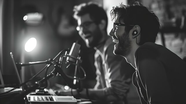 Two men enjoying a podcast recording session in a dim studio. black and white photo capturing candid emotions. creative media work. AI
