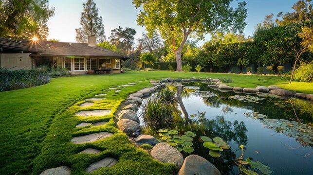 majestic backyard with a little lake and stone footprints