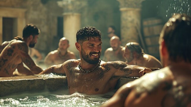a close up group of muscular handsome bodybuilder gladiators in a communal Roman thermae bathhouse, scrubbing off the day's dirt, conversing with fellow fighters, and relaxing after intense training s