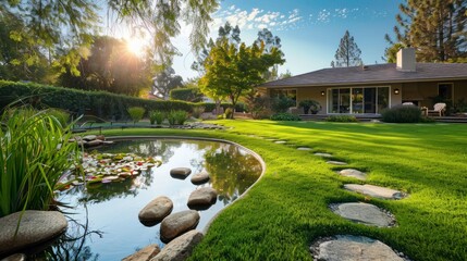 majestic backyard with a small lake stone footprints in a sunrise with the sun in the background in high resolution and high quality. concept houses, garden