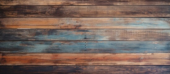 The vintage wooden wall is adorned with a combination of blue and brown paint, creating a rustic yet stylish look.