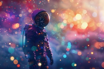 Astronaut in spacesuit with star reflection on helmet visor. - obrazy, fototapety, plakaty