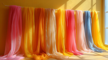 Colorful Scarves Cascading on Yellow Wall, Sunny Room with Shadows