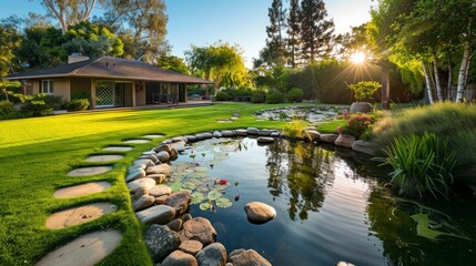 Fototapeta na wymiar majestic backyard with a small lake stone footprints in a sunrise with the sun in the background in high resolution and high quality. concept houses, garden, patio, grass, meadow