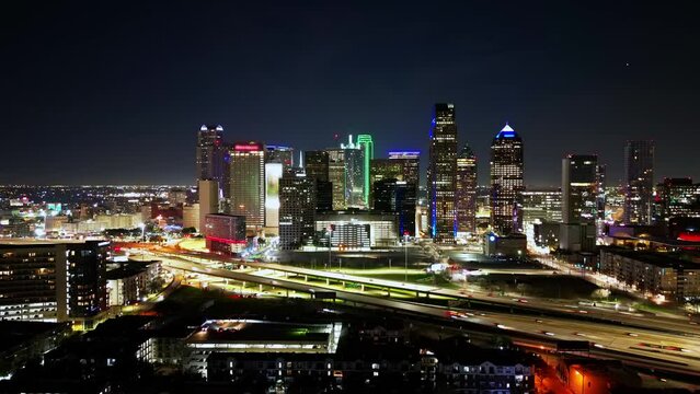 Drone Hyperlapse of Dallas City Skyline at Night