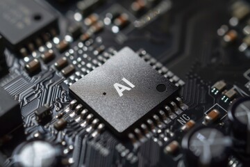 Fototapeta na wymiar Close-up of an AI chip on a black circuit board.