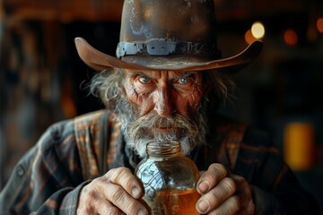 Grizzled old cowboy with moonshine jar