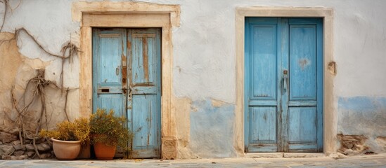 Fototapeta na wymiar A pair of Greek-style blue doors are seen sitting on the side of a weathered building. The doors are weathered and show signs of age, adding character to the scene.