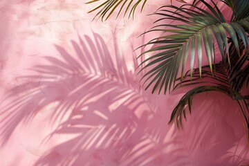 Fototapeta na wymiar Palm shadows on a textured pink wall